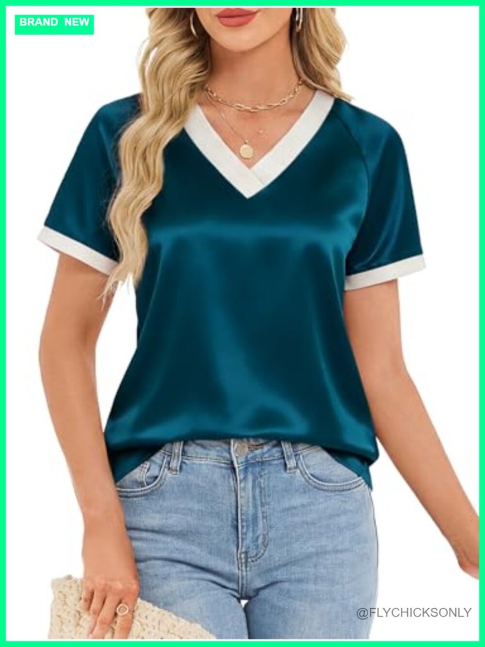 Women's Satin V-Neck Short Sleeve Blouse Dressy Casual Top